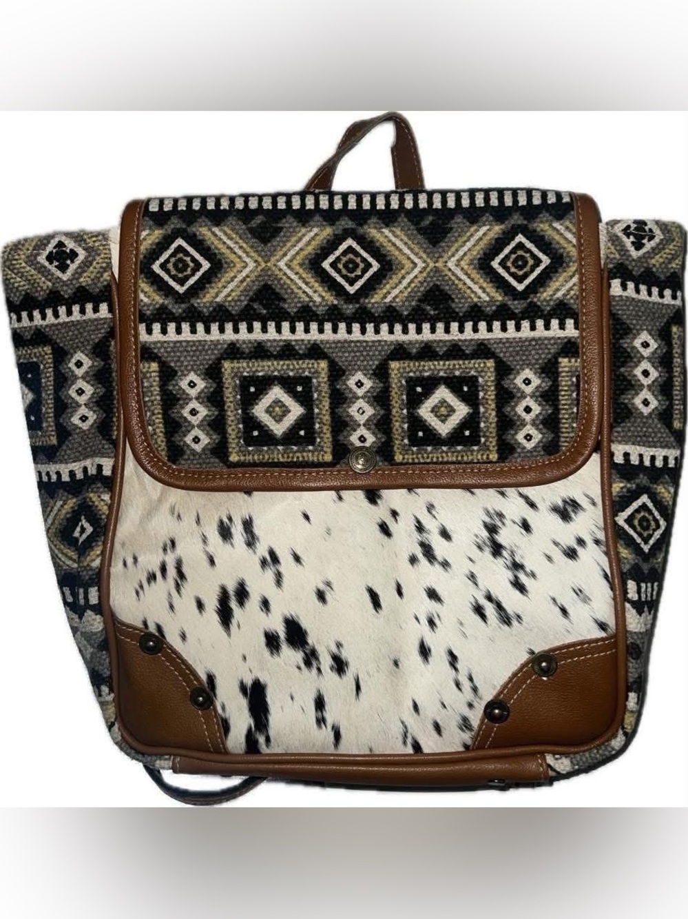 Myra Bag Black & White Cowhide and Brown Trim Patterned Backpack